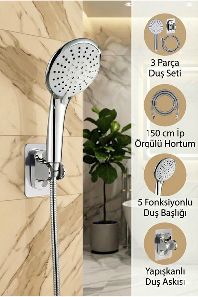 Plodna House Venüs 5 Fonksiyon Duş Başlığı + Spiral İp örgülü Duş Hortumu + Y...