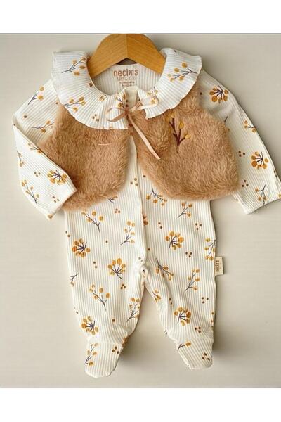 ALTINTAŞ BABY Plush Vest with Floral Pattern, Ribbed Stretchy Fabric, Snap Fa...