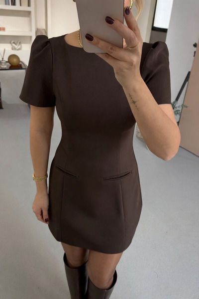AYKA WEAR Ornamental Pocket Detail Brown Dress