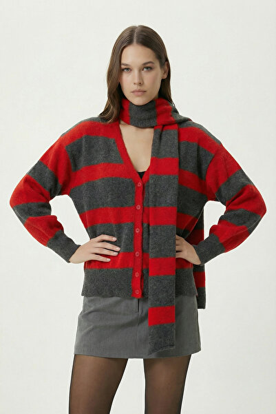 Lovelyİstanbul Striped Scarf Oversized Knitwear Cardigan Ldp0091 Anthracite Red