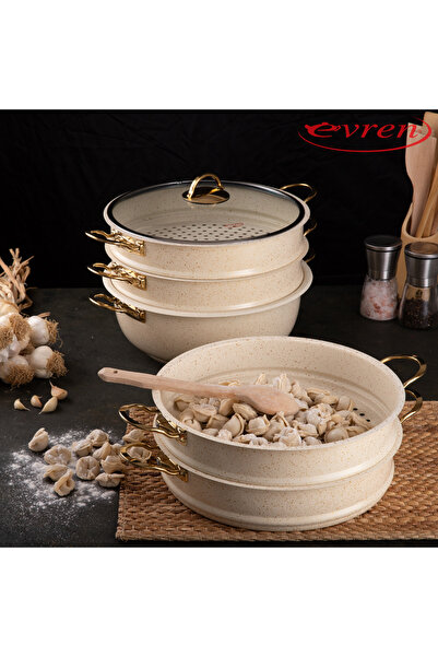 Evren 6 Parça 30 Cm Cream Ezme Seri Buharlı Pişirici, Mantı Tencere Seti 7,5 Lt
