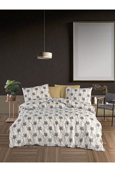 Almira Leafline Double Cotton Duvet Cover Set with Leaf Pattern and Elastic S...