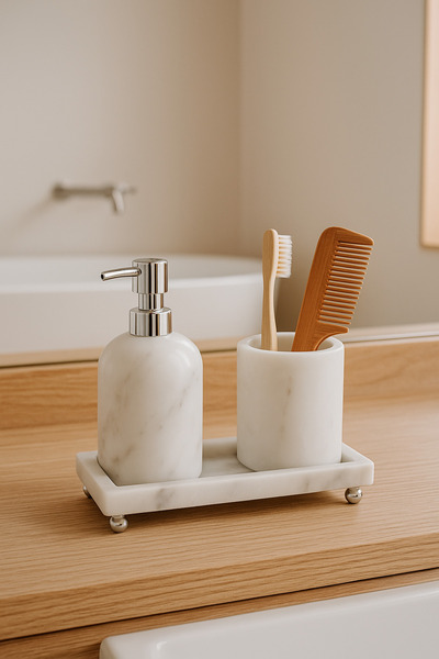 Akayev Mermer Beyaz 3 Parça Gümüş Ayak Banyo Seti Mutfak Sıvı Sabunluk Seti