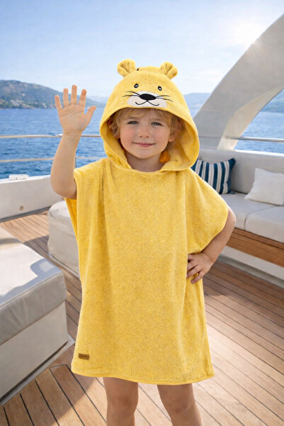 ELY PARKER Yellow Lion Animal Pattern - 100% Cotton Children's Bathrobe Beach...