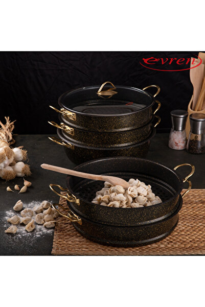 Evren 6 Parça 30 Cm Gold Stone Ezme Seri Buharlı Pişirici, Mantı Tencere Seti...