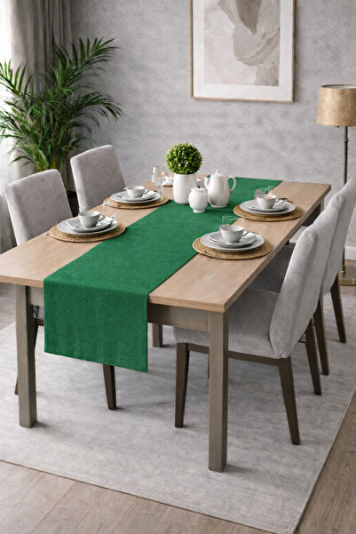 PerdeYap1980 Kadife Dokulu Koyu Yeşil Renk Ada Serisi Runner 40 X 140 Cm