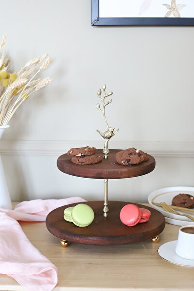 Akayev Ahşap Altın Boncuk Ayaklı Iki Katlı Kuş Katlı Sunum Tabağı