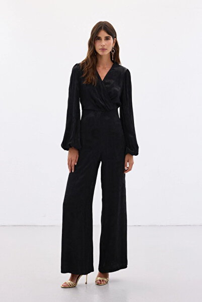 Sateen Patterned Double-Breasted Jumpsuit - Black