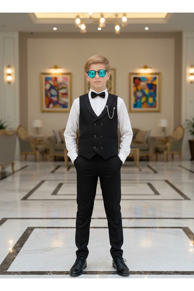 WENA KİDS Erkek Çocuk Smokin Yelekli Takım Elbise Gömlekli Papyonlu Set Siyah