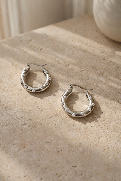 Owentis Çelik Silver Incili Elisabetta Halka Küpe -kararma Yapmaz-