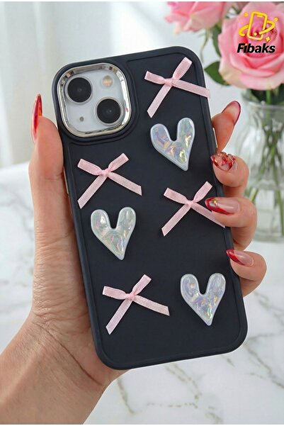 Fibaks iPhone 13/14 Kılıf Kamera Çıkıntılı Kalpli Fiyonk Desenli Siyah Yumuşa...