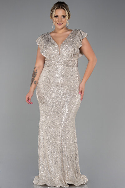 Abiyefon Kadın Vizon Pullu Büyük Beden Balık Abiye Elbise Abu1045