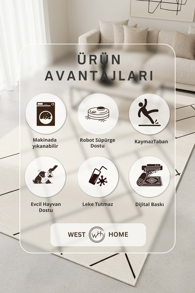 West Home Dijital Baskı Yıkanabilir Kaymaz Taban Bej Salon Halısı Mutfak Halısı Yolluk