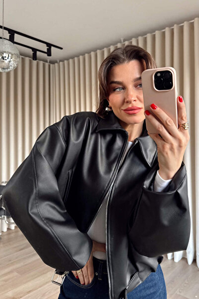 Sue Store Siyah Kemer Detaylı Astarlı Oversize Bomber Deri Ceket