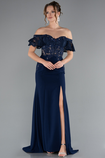 Abiyefon Lacivert Kayık Yaka Sırt Dekolteli Üstü Dantel Uzun Abiye Abu2261