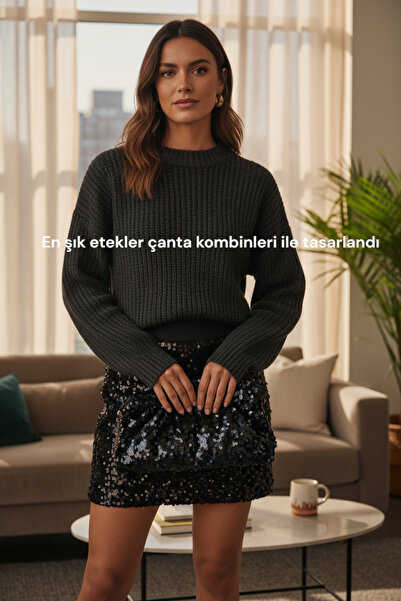 SADECE SEN DE Çantası hediye Tasarım siyah payetli mini etek/dar kesim esnek ...