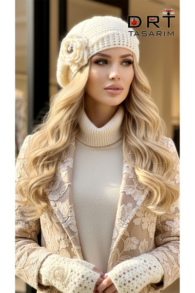 drt tasarım Angora Beige Passionflower French Painter Beret Gloves Set