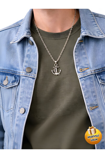 Piercing Market Steel & Silver Men's Silver Color Anchor Figured Necklace