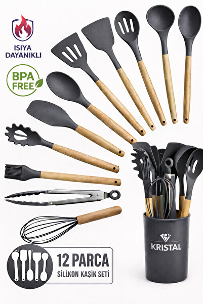 Kristal 12 Parça Isıya Dayanıklı Yanmaz Yapışmaz Silikon Servis Seti Gerçek K...