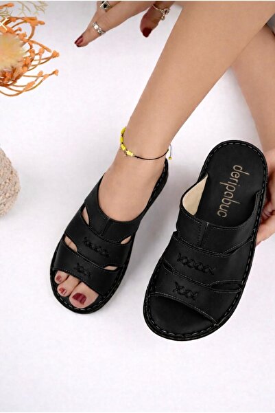 Deripabuc Чорні жіночі тапочки з натуральної шкіри - Dp62-0213