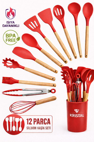 Kristal 12 Parça Isıya Dayanıklı Yanmaz Yapışmaz Silikon Servis Seti Gerçek K...