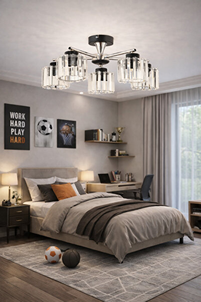 ESSLİGHT CEMRE 5 Lİ KROM SİYAH PLAFONYER AVİZE KRİSTAL TAŞLI MODERN DEKORATİF...