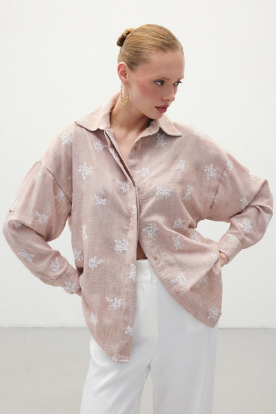 Sateen Cămașă casual brodata - Pudra