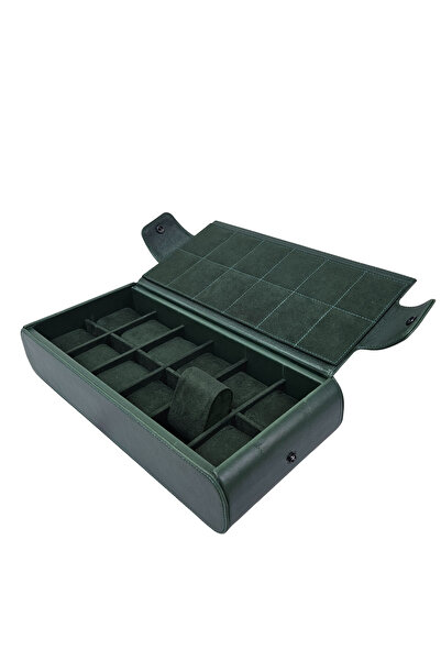 ÖZER KUTU حقيبة ساعات جلدية مكونة من 12 قطعة مع أزرار جانبية (أخضر)