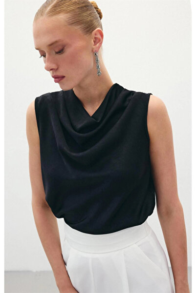 Sateen Degaje Yaka Saten Bluz - Siyah