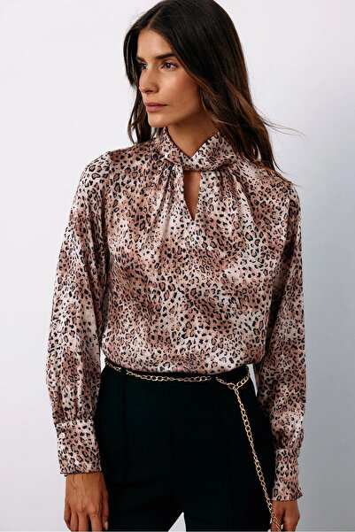 Sateen Detailed Collar Leopard Print Blouse - Beige