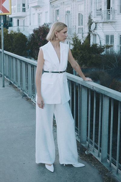 Sateen Ежедневни ленени панталони - Екрю