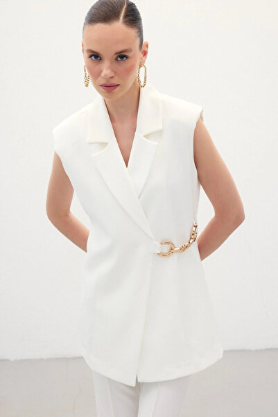 Sateen Long Vest with Side Accessories - Ecru