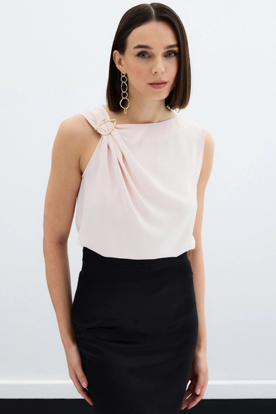 Sateen One Shoulder Detailed Blouse - Powder