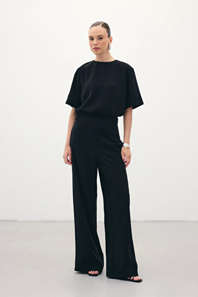 Sateen Modal Trousers with Belt Detail - Black
