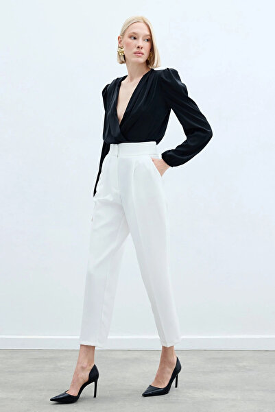 Sateen High Waist Classic Trousers - Ecru
