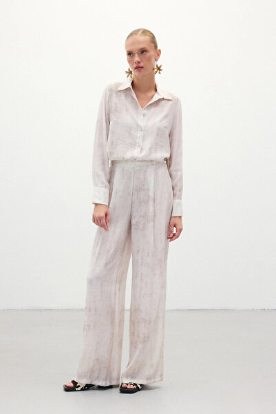 Sateen Patterned Loose Trousers - Stone