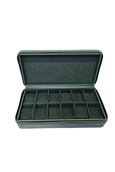 ÖZER KUTU حقيبة ساعة جلدية مكونة من 12 قطعة بسحاب (أخضر)