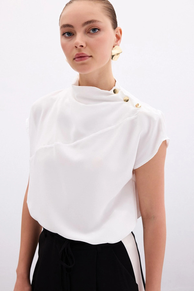 Sateen One Shoulder Snap Blouse - Ecru