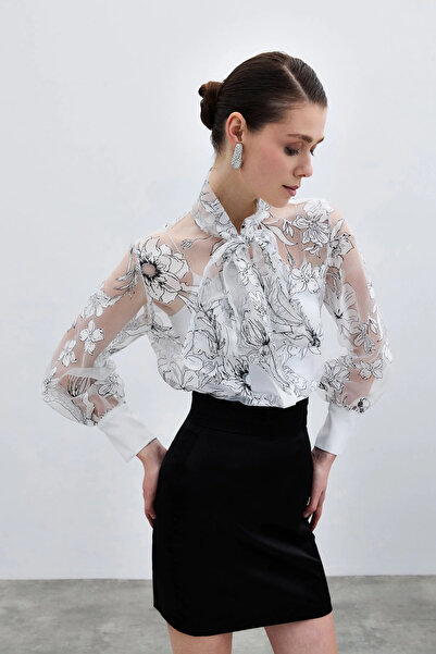 Sateen Floral Patterned Shirt - Ecru