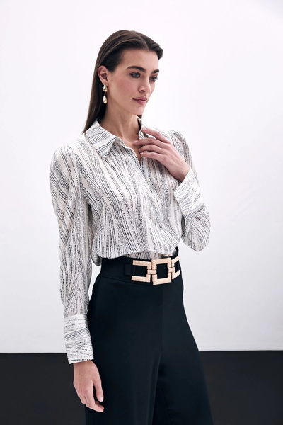 Sateen Πουκάμισο με φαρδιά μανσέτα - Εκρού-Μαύρο