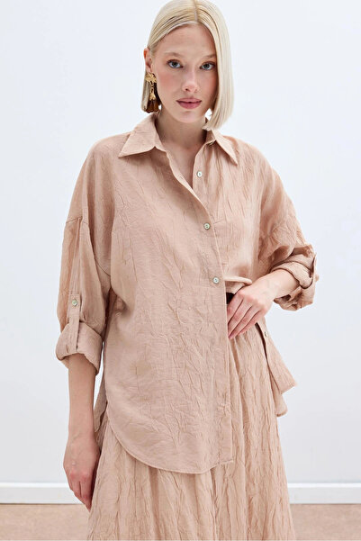 Sateen Casual Shirt with Sleeve Detail - Powder