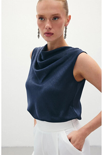 Sateen Σατέν μπλούζα με γιακά Degaje - Navy Blue