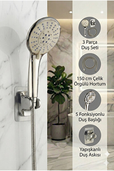 Plodna House Elvis 3’lü Yüksek Basınçlı 5 Fonksiyonlu Duş Seti | Mafsallı Ask...