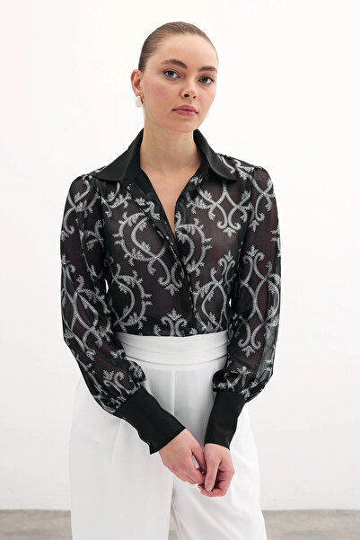 Sateen Πουκάμισο σιφόν με φαρδιά μανσέτα - Μαύρο