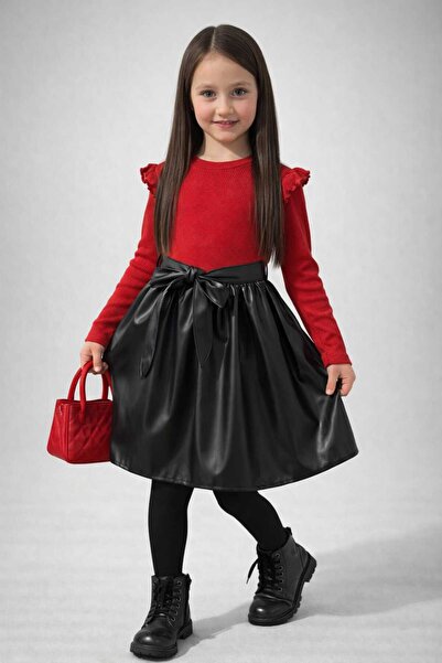 neocotton Devojčica haljina sa kožnom suknjom, naboranim detaljima na ramenim...
