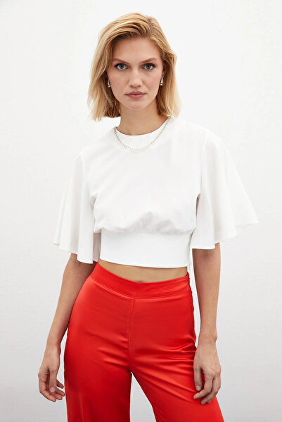 Sateen Блуза с къс ръкав и яка - Екру