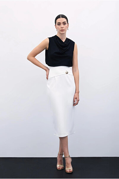 Sateen Buckle Detailed Pencil Skirt - Ecru