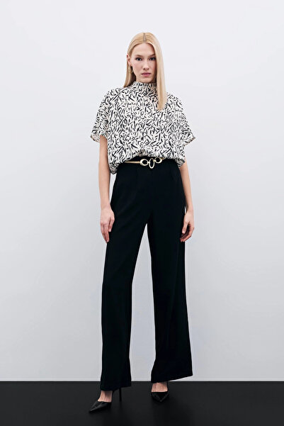Sateen Bat Sleeve Patterned Blouse - Black