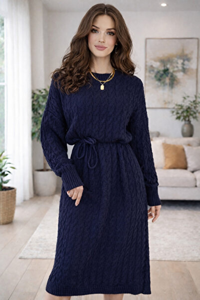 DOQU MILANO KADIN BİSİKLET YAKA SAÇ ÖRGÜLÜ TRİKO YUMOŞ ELBİSE