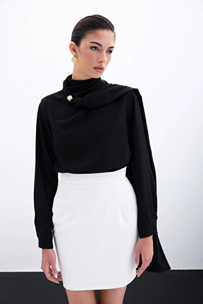 Sateen Bluză cu detaliu șal - neagră